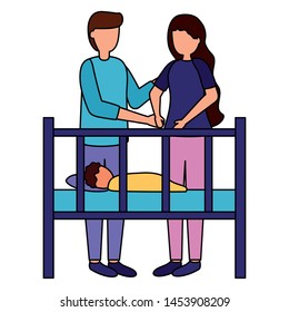 dad and mom newborn in crib pregnancy and maternity vector illustration