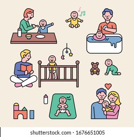 Papá y mamá están criando juntos a su bebé. ilustración vectorial mínima de diseño plano.