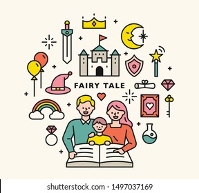 Papá y mamá están leyendo cuentos de hadas a sus hijos. Diseño de círculo de iconos de cuento de hadas.  ilustración vectorial mínima de diseño plano.