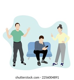 Papá y mamá regañan a su hijo, que está sentado en el sofá con un teléfono en las manos, criando adolescentes, vector plano, aislado en blanco, diferencia de generación