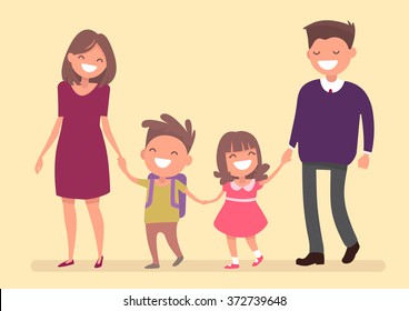 Dad Mom son and daughter go together hand in hand. Family on a walk. Vector illustration in a flat design