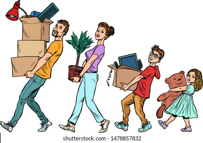 Dad mom son and daughter moved to a new house. Pop art retro vector illustration drawing