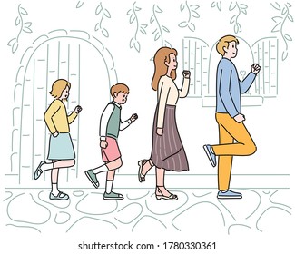 Dad, mom, son and daughter are walking side by side in the same pose. hand drawn style vector design illustrations. 