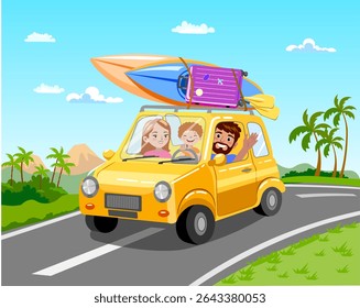 Dad mom son go by car on summer vacation  luggage surfing kayak paddles suitcase friendly family goes to do active recreation against the background of an exotic country palm trees mountains Vector