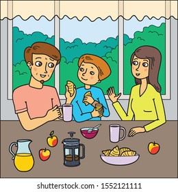 Dad, mom and son having breakfast and talking together vector illustration