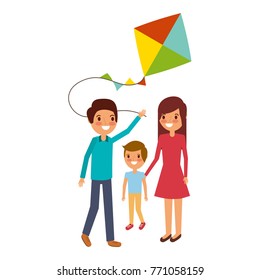 dad mom and son with kite play