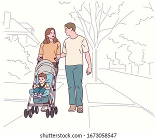 Dad and Mom are strolling through the park when they push the stroller. The son is sitting in the stroller. hand drawn style vector design illustrations. 