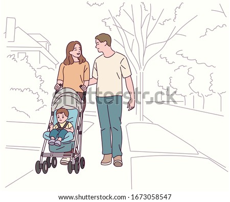 Dad and Mom are strolling through the park when they push the stroller. The son is sitting in the stroller. hand drawn style vector design illustrations. 