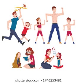 Dad, Mom and their Kids Doing Sports, Launching Model of Airplane, Family Members Spending Joyful Time Together Outdoors, Reading Book Cartoon Style Vector Illustration