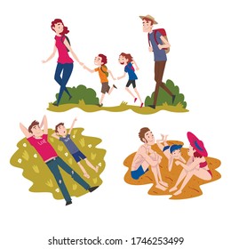 Dad, Mom and their Kids Walking and Sunbathing, Family Members Spending Joyful Time Together Outdoors, Cartoon Style Vector Illustration