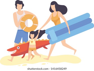 Dad, Mom and Their Little Daughter with Inflatable Rubber Mattresses and Circle, Happy Family Enjoying Summer Vacation on Seashore Vector Illustration