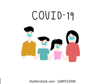 Dad and mom try to protect their children, boy and girl by wearing mask all the whole family from Covid-19 or corona virus on white background. Hand draw - vector