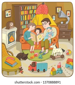 dad, mom and two children sit in a cozy living room and read a book