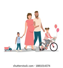 Dad and mom are walking with the children. Pregnant mom with dad and son walk holding hands while daughter rides a bike. Isolated vector illustration in flat style.