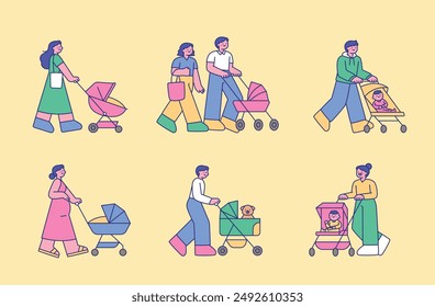 Dad and mom are walking while pushing a stroller. outline vector illustration.