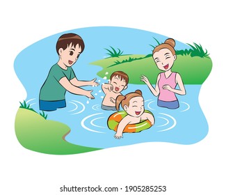 Dad And Mom Watching Kids Ensuring Safety. Summer Holidays Recreation. Happy Girl  Boys Children Enjoying Safe River Water Swimming. Vector Illustration Isolated Cartoon Hand Drawn