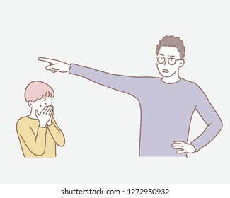 Dad Is Nagging His Young Son. Concept Illustration. Flat Design Vector Graphic Style