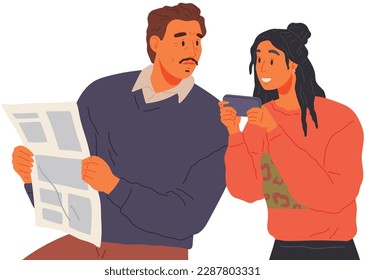 Dad with newspaper not happy that his daughter with smartphone surfs web sites, chatting, mailing, spending too much time with gadgets. Social networks, digital services, applications on mobile device