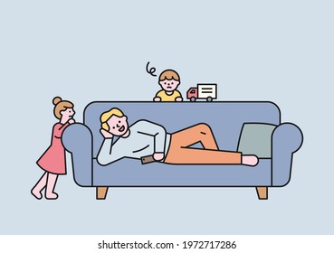 Dad is not lying on the sofa and playing with the children. flat design style minimal vector illustration.