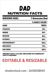 Papai Nutrition Fatos, Engraçado Pai Informações Nutricionais, Fatos de Nutrição Editável para o Pai