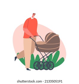 Dad on Maternity Leave, Single Father Concept. Young Dad and Little Baby in Stroller Walk Together. Man Walking With Child in Carriage Isolated on White Background. Cartoon People Vector Illustration