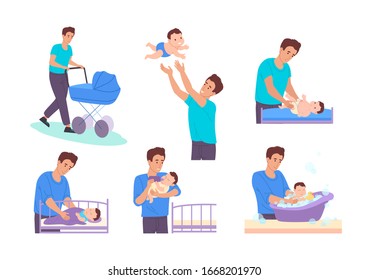 Dad On Maternity Leave. Dad Takes Care Of Newborn Son:he Walks  With A Stroller, Throws The Baby Into The Air,changes The Diaper,bathes In The Bath,feeds Him From The Bottle And Puts Him To Bed.Vector