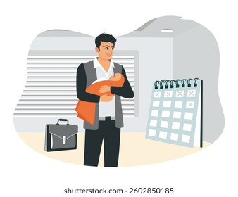 Dad on paternity leave. Male parent taking care of newborn kid. Flat vector illustration.