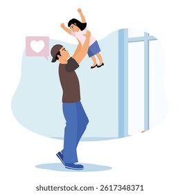 Dad on paternity leave. Dad  taking care and playing with his daughter. Flat vector illustration.