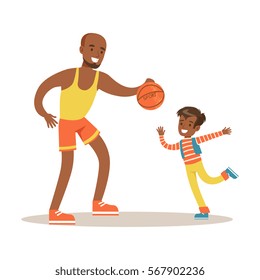 Dad Paying Basketball With Son, Loving Father Enjoying Good Quality Daddy Time With Happy Kid