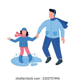 Dad play with daughter in rain semi flat color vector characters. Playing figures. Full body people on white. Fall activity isolated modern cartoon style illustration for graphic design and animation