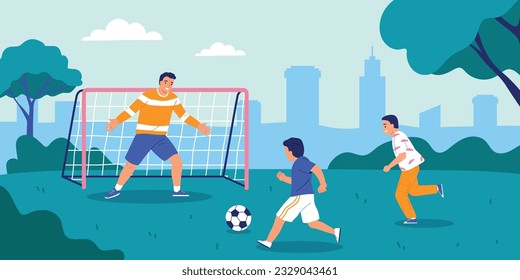 Dad play football with two sons in park flat vector illustration