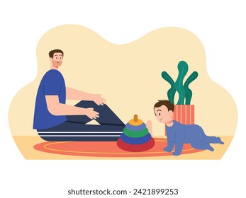 Dad playing with baby boy in the house on the weekend. Character design. Vector flat illustration