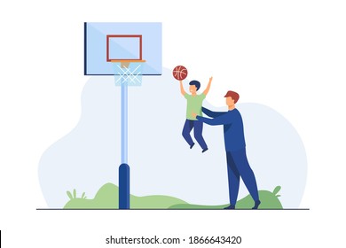 Dad playing basketball with little son. Father helping boy to throw ball into basket flat vector illustration. Family, sport activity, playground concept for banner, website design or landing web page