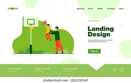 Dad playing basketball with little son. Father helping boy to throw ball into basket flat vector illustration. Family, sport activity, playground concept for banner, website design or landing web page