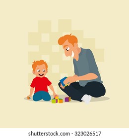 Dad playing with blocks with her son. fun educational game in cubes with the child's father. vector illustration.