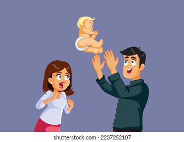 
Papá jugando despreocupado con el bebé que aterroriza la caricatura del vector de mamá. Una madre infeliz que se siente desesperada por su marido descuidado al cuidar niños 
