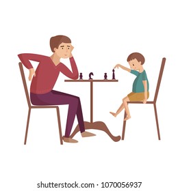 Dad playing chess with little son sitting on chairs near the table vector cartoon illustration