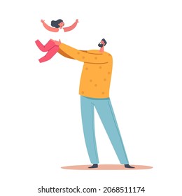 Dad Playing With Child, Family Fun, Weekend Leisure, Game, Parenthood Or Childhood Concept. Happy Father Character Tossing Up In The Air Little Daughter. Isolated Cartoon People Vector Illustration