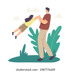 Dad Playing with Child in Park. Family Outdoor Fun, Weekend Leisure, Game, Parenthood or Childhood Concept. Happy Father Character Whirling and Spinning Daughter. Cartoon People Vector Illustration