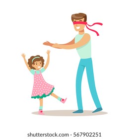 Dad Playing Hide And Seek With Daughter, Loving Father Enjoying Good Quality Daddy Time With Happy Kid