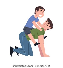 Dad Playing Riding Horse with his Little Son, Father and his Kid Having Good Time Together Cartoon Style Vector Illustration