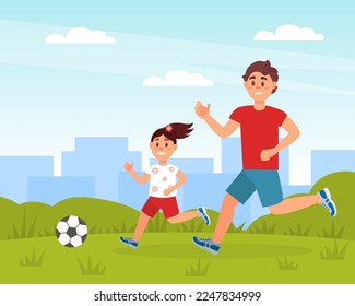 Dad playing soccer with his daughter. Parent and kid having good time outdoors cartoon vector