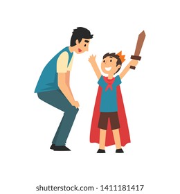Dad Playing with Son in Knights, Father and His Child Having Good Time Together, Best Dad Cartoon Vector Illustration
