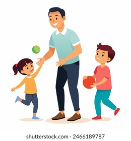 Papá juega con su hija y su hijo. Arte conceptual para el Día del Padre. Ilustración vectorial plana en estilo de dibujos animados.