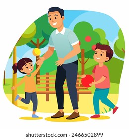 Papá juega con su hija y su hijo en el parque. Arte conceptual para el Día del Padre. Ilustración vectorial plana en estilo de dibujos animados.