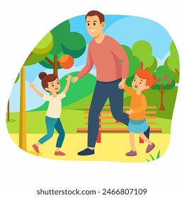 Papá juega con su hija y su hijo en el parque. Arte conceptual para el Día del Padre. Ilustración vectorial plana en estilo de dibujos animados.