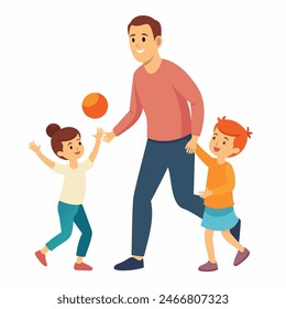 Papá juega con su hija y su hijo. Arte conceptual para el Día del Padre. Ilustración vectorial plana en estilo de dibujos animados.