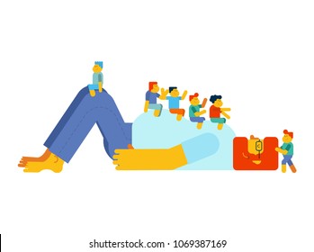 Dad plays with children. Kids sitting on their father stomach. Father's Day illustration