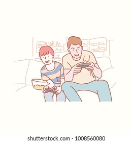 Dad plays the game happily with his son. hand drawn style vector doodle design illustrations.