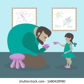 Dad Plays With His Daughter.  Father And Child Had A Puppet Tea Party.  Caring Father Drinks Tea With The Baby.  What To Do At Home
